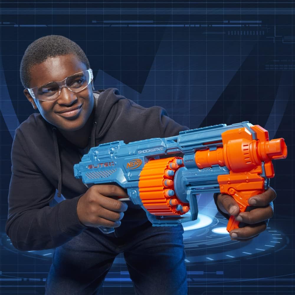Nerf Elite 2.0 Shockwave RD-15 Blaster, 30 Nerf Darts, 15-Dart Rotating Drum, Pump-Action Slam Fire, Built-in Customising Capabilities