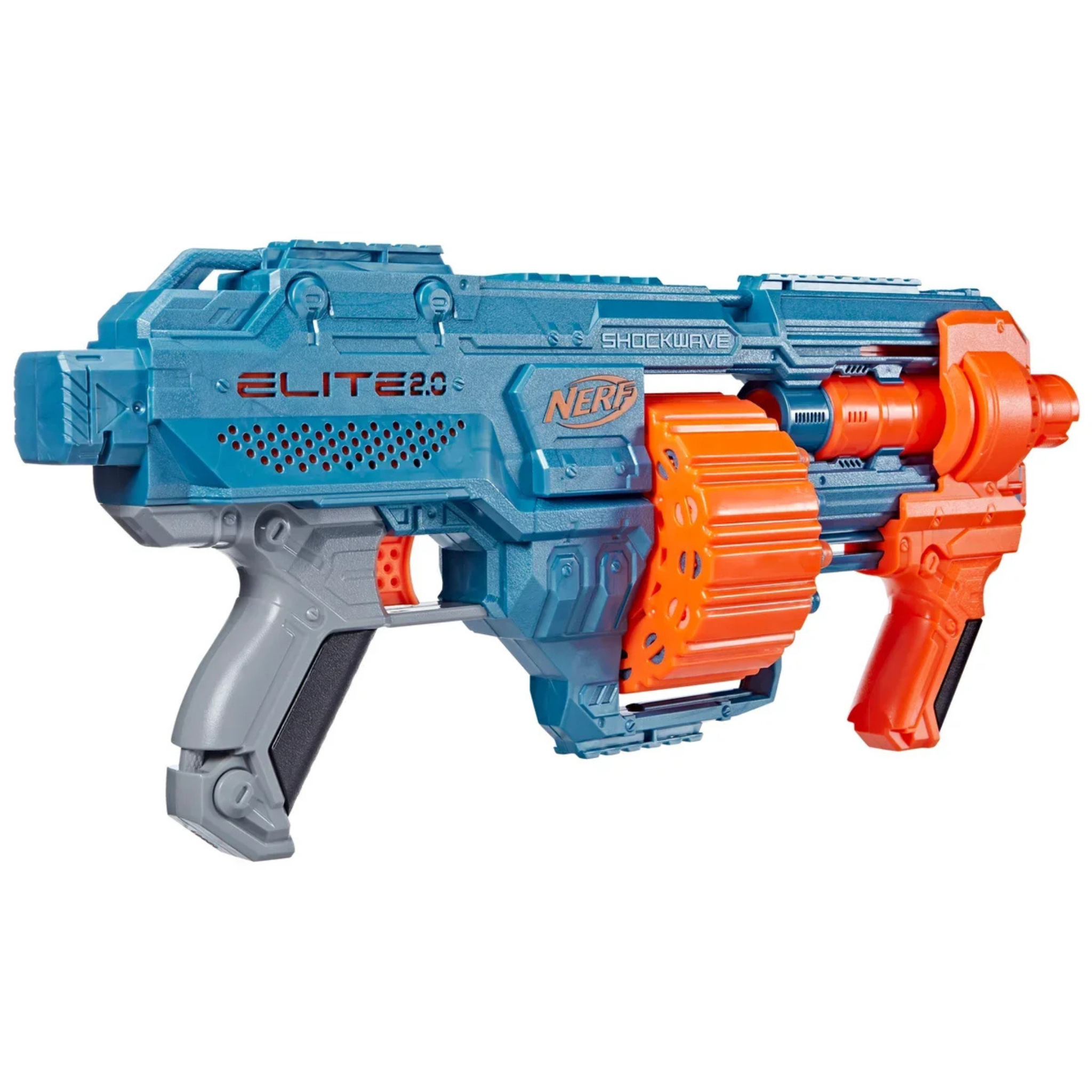 Nerf Elite 2.0 Shockwave RD-15 Blaster, 30 Nerf Darts, 15-Dart Rotating Drum, Pump-Action Slam Fire, Built-in Customising Capabilities